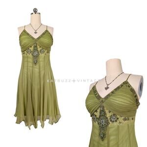 Vintage Babydoll Mini Dress Cocktail Gown 10 Green Silk Y2K Fairy Grunge Bead